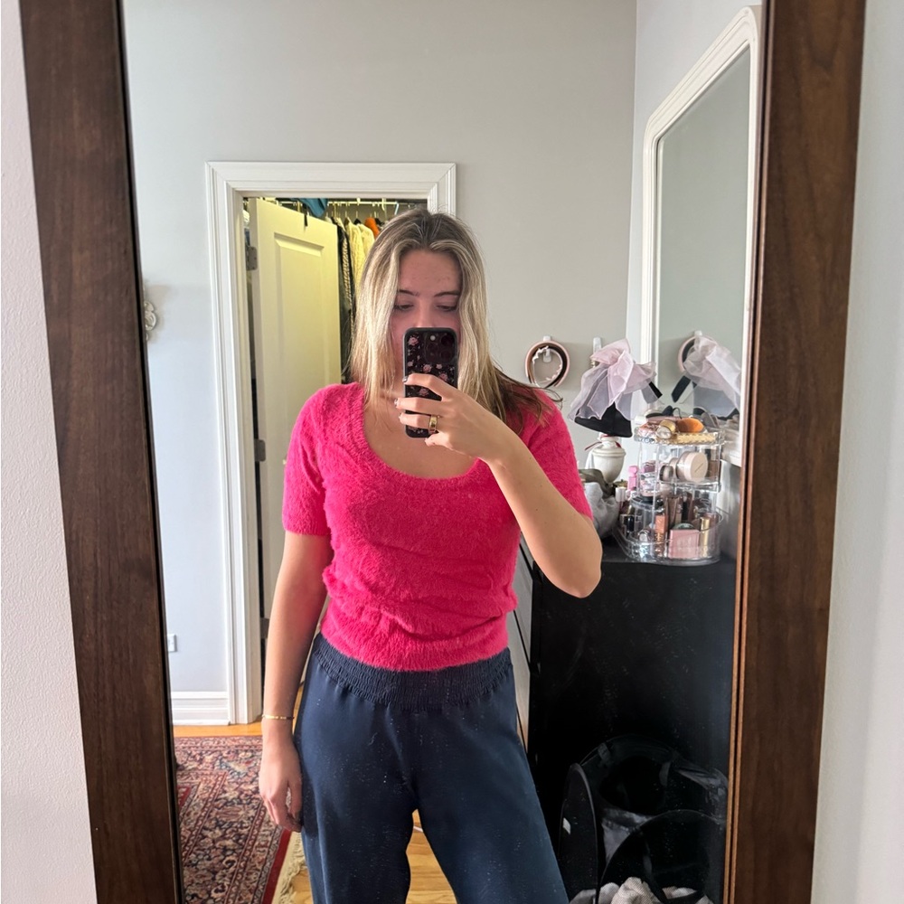 Anthropologie Maeve hot pink fuzzy sweater